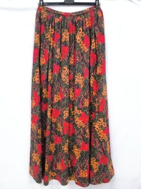 Vintage "Clothes Call" Floral Midi Skirt – Earthy Red & Amber Autumnal Print